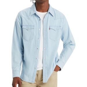 Levi’s Mens Evergreen Chambray Light Blue Light Wash Button-Down Western Shirt